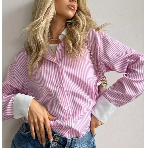 Striped Print Button Front Shirt - Picture 1 of 5